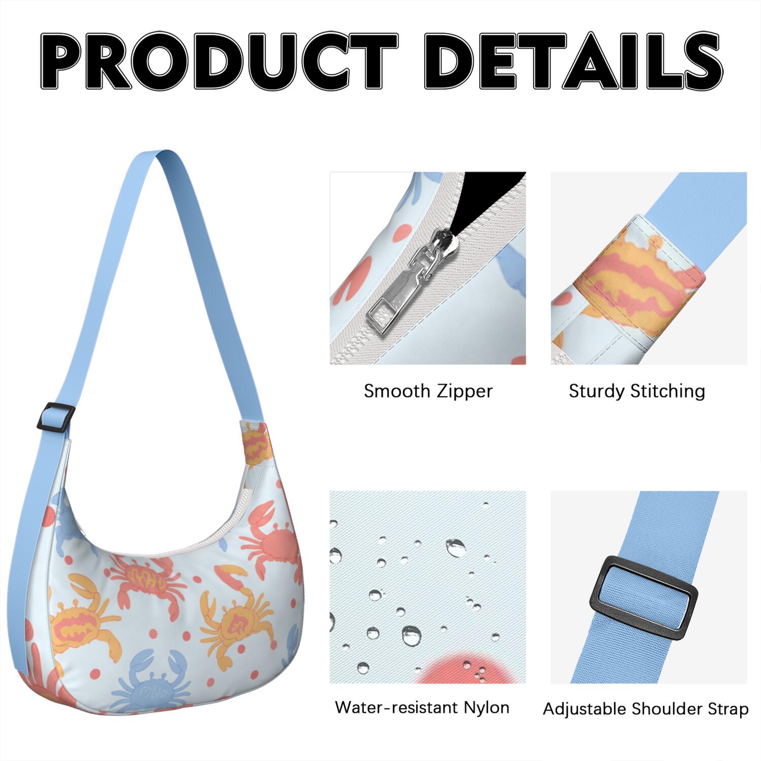 Marine Adorable Crab Crescent Cross Body Bag Adjustable Strap Bag for Travel Vacation Shopping Hiking Cycling Gym