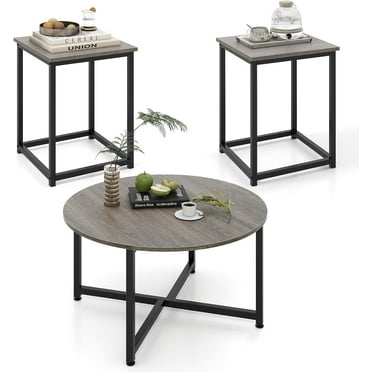 Round Nesting Table Set of 3, Farmhouse Coffee Table w/2 End Tables, Sturdy Metal Frame, 3-Piece Wooden Living Room Table Set for Home Office, Apartment (Black Oak)