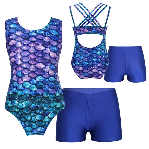 inhzoy Kids Girls 2Pcs Gymnastic Dance Leotard Cartoon Pattern Bodysuit Unitard with Shorts