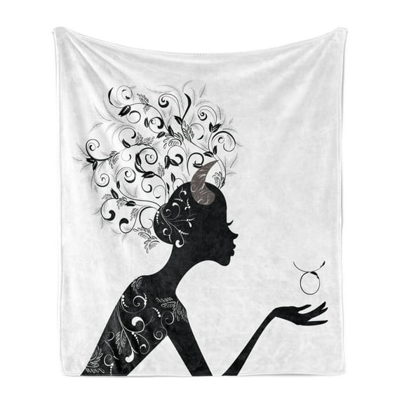 Zodiac Taurus Soft Flannel Fleece Throw Blanket, Fashion Girl Silhouette Floral Hairdo Dress Modern Print, Cozy Plush for Indoor and Outdoor Use, 50" x 60", Black and White, by Ambesonne