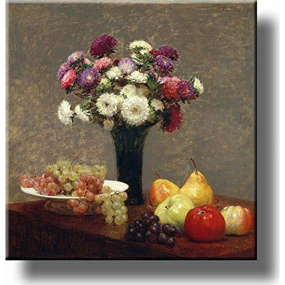 Aster Flowers and Fruit on Table Picture on Stretched Canvas, Wall Art Décor, Ready to Hang!