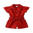 thumbnail image 1 of Combinaisons d'Été pour Filles en Bas Âge à Volants Solides à Manches Courtes avec Ceinture Rouge 1-2 Ans, 1 of 7