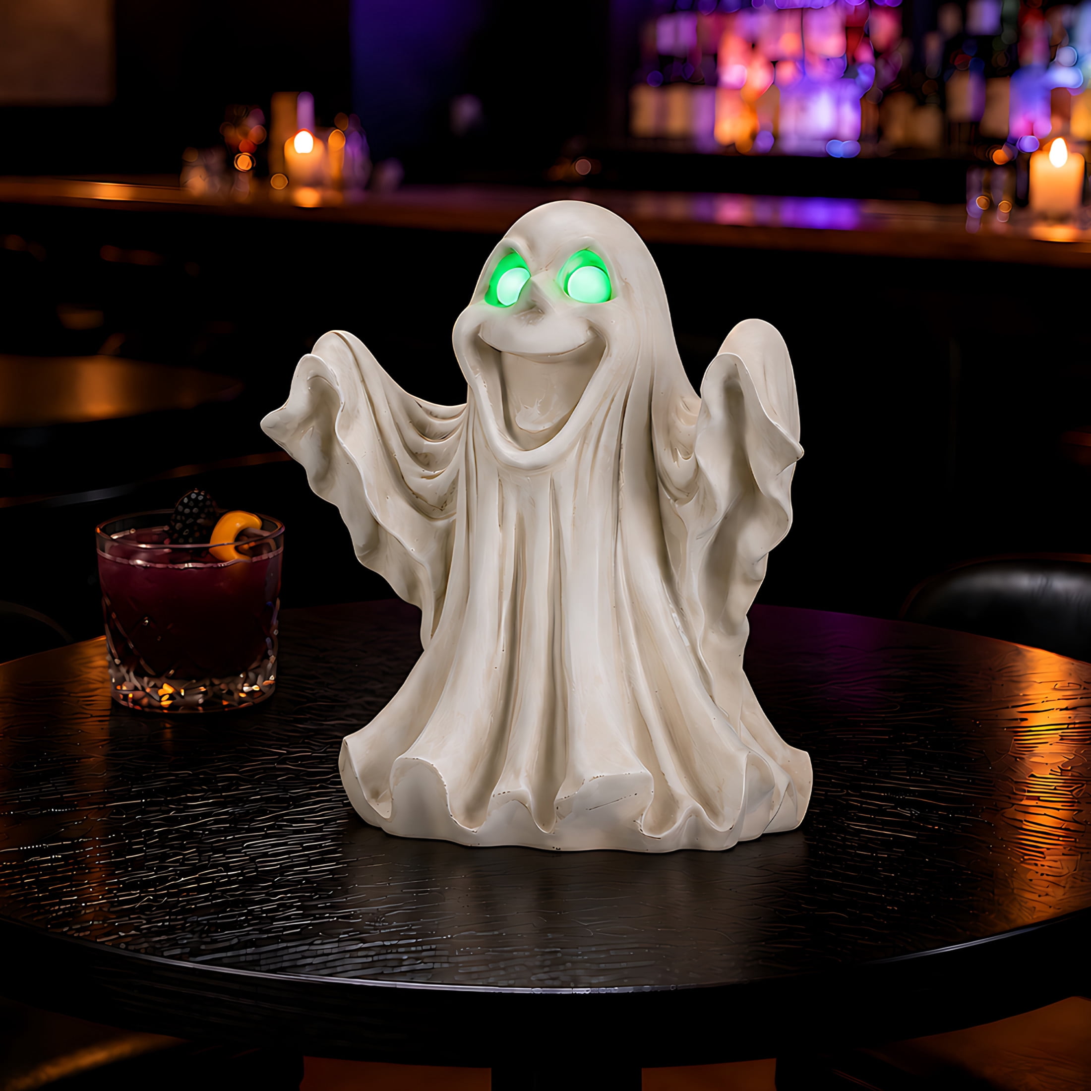 Noble House Halloween LED Light-Up Ghost Figurine with Glowing Eyes, Spooky Decorative Statue, White