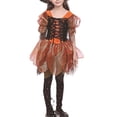 thumbnail image 5 of Virmaxy Halloween Costume Witch Dress V Neck Lace Up Corset Sheer Bell Sleeve Layered Tulle Skirt with Hat for Cosplay Party 2-13 Years, Orange, 5 of 9