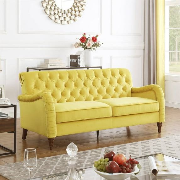 Accent Sofa Couch, Chesterfield Sofa, Modern Button Tufted Upholstered Sofa 3 Seater Couch, Mid-Century Classic Velvet Sofa with Wood Legs, for Living Room Office, Yellow