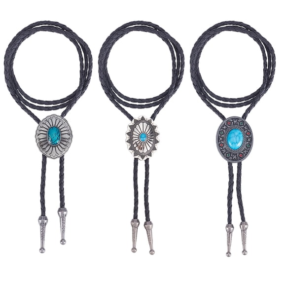 3 Styles Western Cowboy Alloy Bola Tie Turquoise Necktie PU Leather Bolo Tie Set
