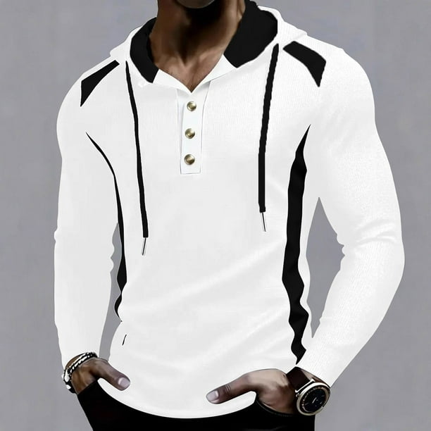 pstuiky camisa de manga larga para hombre, Sudadera con capucha, manga larga, botones y bolsillo para hombre camisetas de hombre xl