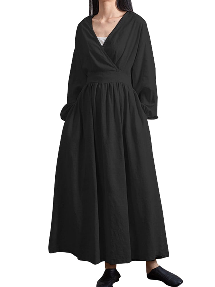 ZANZEA Women's Deep V-Neck Long Maxi Dress Baggy Lace Up Pleated Party