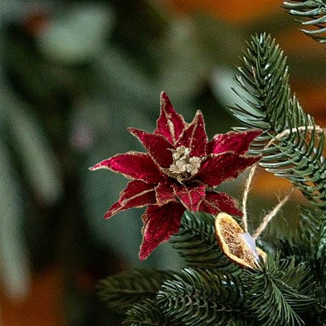 28cm High Grade Adhesive Powder Simulation Christmas Flowers in Gold Champagne Burgundy Colors for Tree Decoration