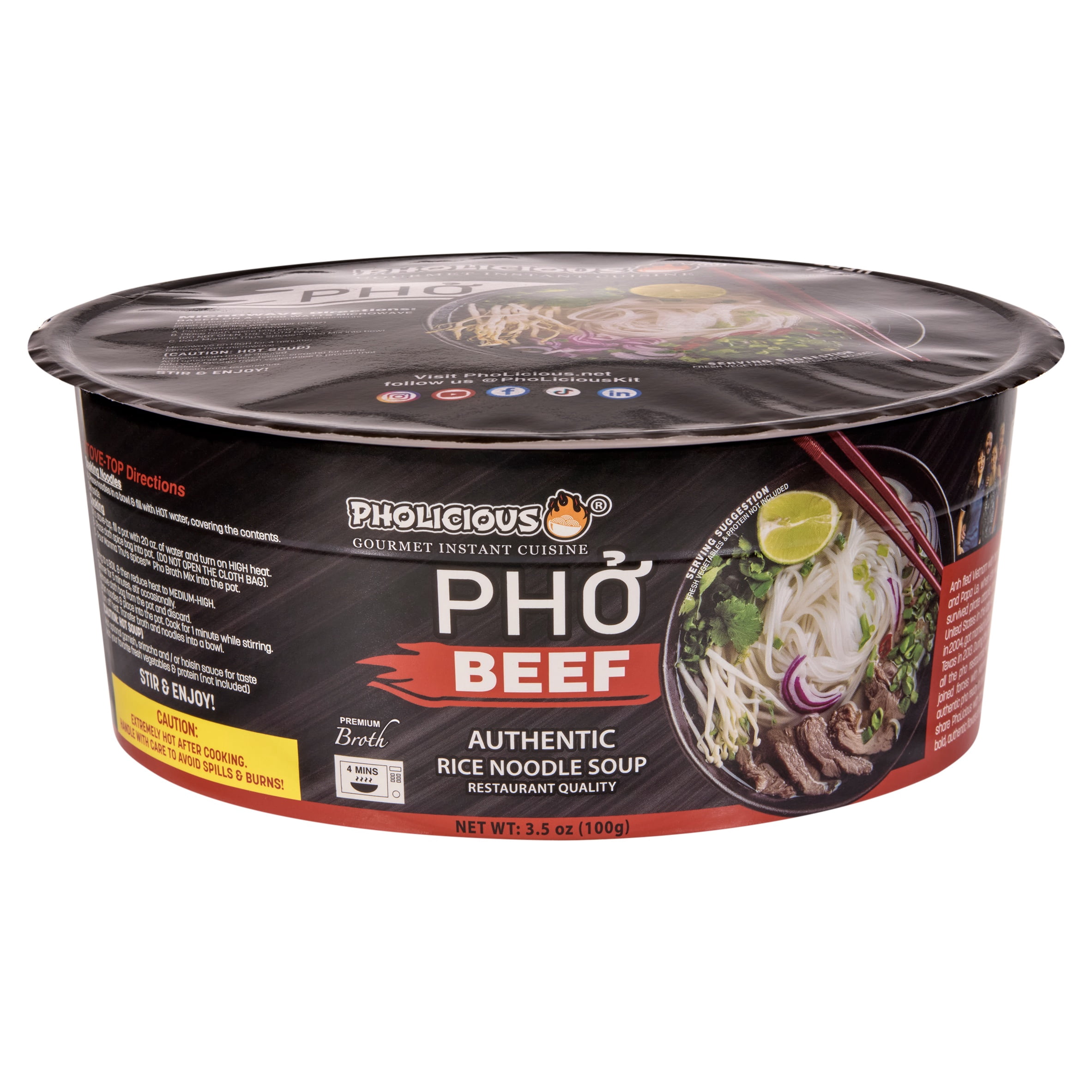 Pholicious Instant Pho Variety Pack, Vietnamese Rice Noodle Soup, 4 Count Combo Box, 2 Chicken & 2 Beef Single Serve 3.6 Ounce Bowls, Ramen Alternative & Fresh Ingredients, As Seen on Shark Tank