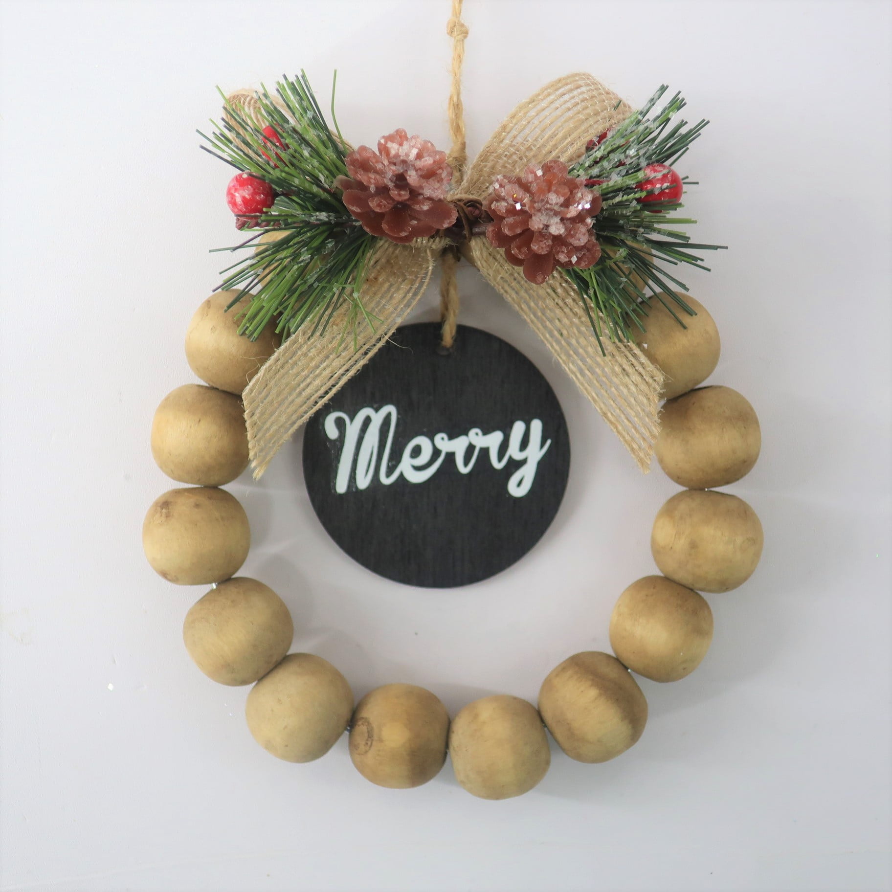 Holiday Time Dark Wood Merry Wreath with Bow Christmas Ornament