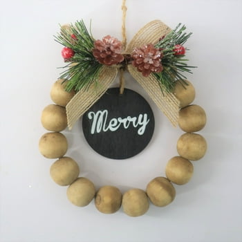 Holiday Time Dark Wood Merry Wreath with Bow Christmas Ornament