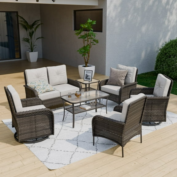 COOS BAY 7 Pieces Outdoor Patio Wicker Patio Conversation Set With Beige Cushions - Loveseat, Armchairs, Swivel Rocking Chairs and Tables