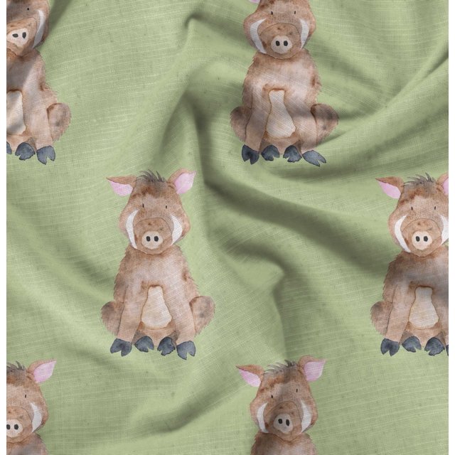Soimoi Green polyester Crepe Fabric Pig Animal Printed Craft Fabric by the Yard 52 Inch Wide