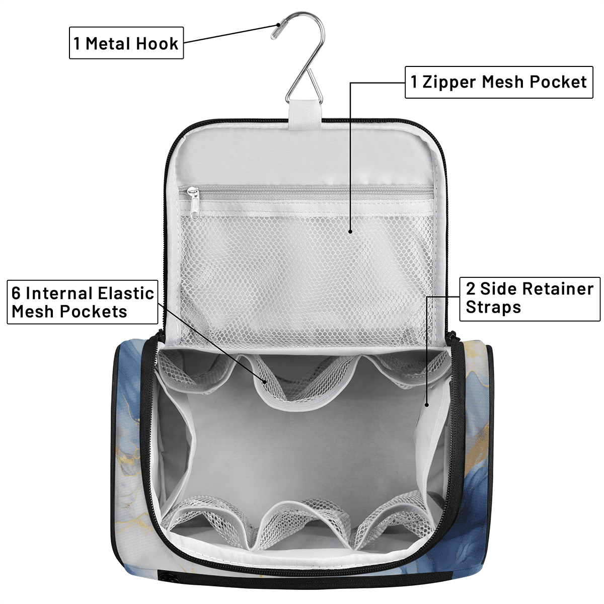 Herdesigns Marble Toiletry Bag for Women, Travel Makeup Bag, Waterproof Hanging Cosmetic Organizer for Toiletries & Makeup Essentials