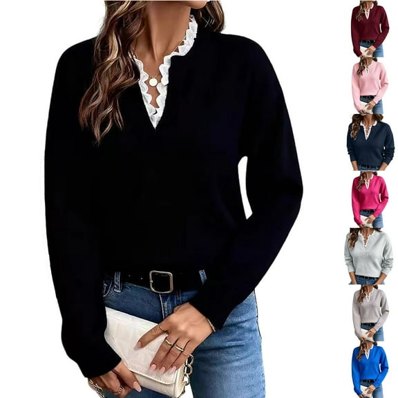 Weiqiqre Women Fall Clothes V Neck Sweater Casual Long Sleeve Lightweight Ribbed Knit Pullover Sweaters Dressy Casual Tops
