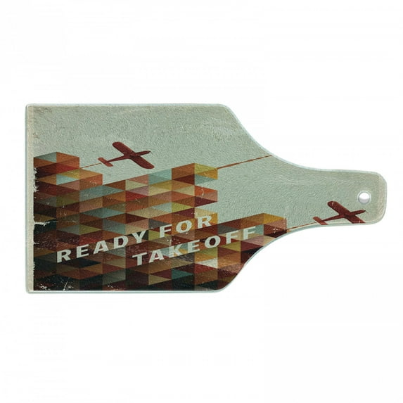 Vintage Airplane Cutting Board, Ready for Take Off Retro Style Geometric Pattern Triangles Clouds Planes, Tempered Glass Cutting and Serving Board, Wine Bottle Shape, Multicolor, by Ambesonne