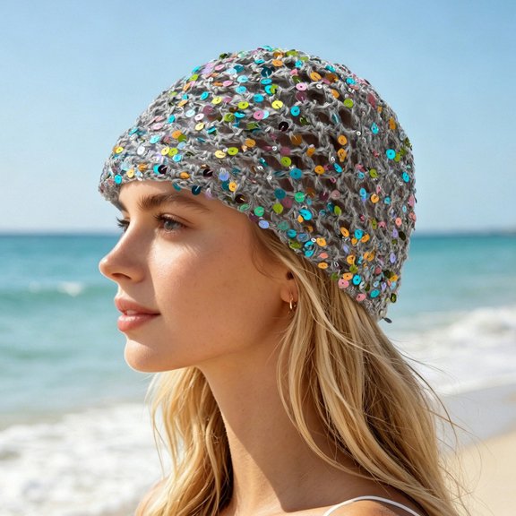 Qicasul Summer Glitter Sequin Beanie Boho Hollow Out Crochet Mesh Hat Skull Cap for Women Multicolour