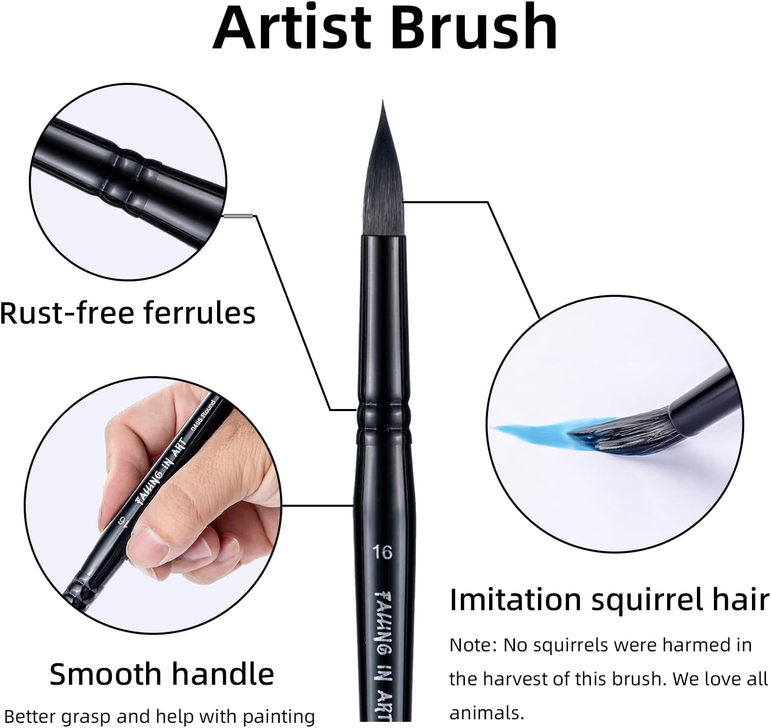 JJEAN-Professional Paint Brush Set, Round Pointed Paintbrush Set, Wooden Handle Squirrel Hair Artist Brushes for Watercolor Painting(Black Handle) 8 Pcs