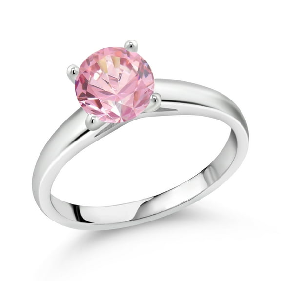 Gem Stone King 1.28 Ct 7mm Round Pink Zirconia 10K White Gold Ring (Size 8)