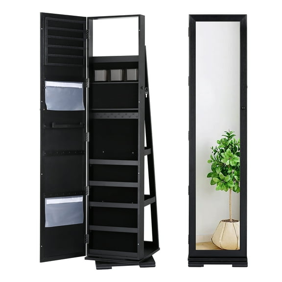Mirror Jewelry Cabinet, 62.99-Inch Tall Lockable Jewelry Armoire Organizer with Mirror Black