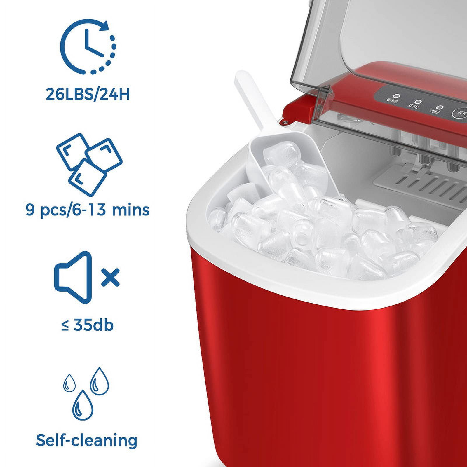 YUKOOL Desktop Ice Maker,Portable,9pcs/6-13min,26lbs/24H,Self Cleaning,With Ice Scoop,Red