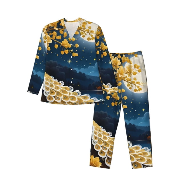 Fotbe Moonlit Golden Tree Peacock Pattern Long Sleeve Pajama Set for Men,Sleepwear Set,2-piece Loungewear Set,Soft PJs Comfy Nightwear with Pockets-Small