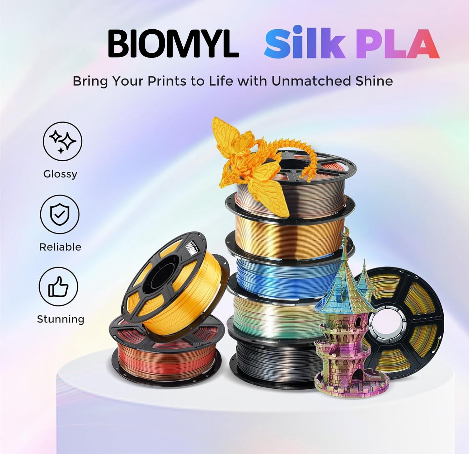 BIOMYL BIOMYL Silk Dual Color Filament, Blue to Silver Gradient, Smooth Color-Changing 3D Printer Filament 1kg (2.2lbs) Spool