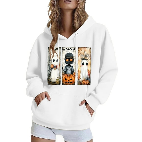 White Long Sleeve Outfits for Women Winter Fall Work Out Gym Happy Festival Halloween Running Hooded Hoods Outfits Sweatshirt Women 2025 Soft Comfy Clothes XXL