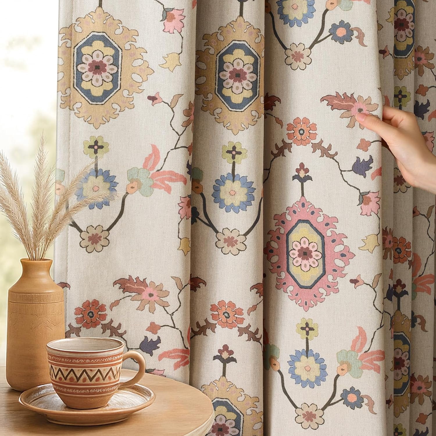 Boho Blackout Curtains Beige Window Treatment Drape 63 Inch Floral Printed Vintage Curtains for Living Room Bedroom with Grommet 1 Panel 52" W x 63" L