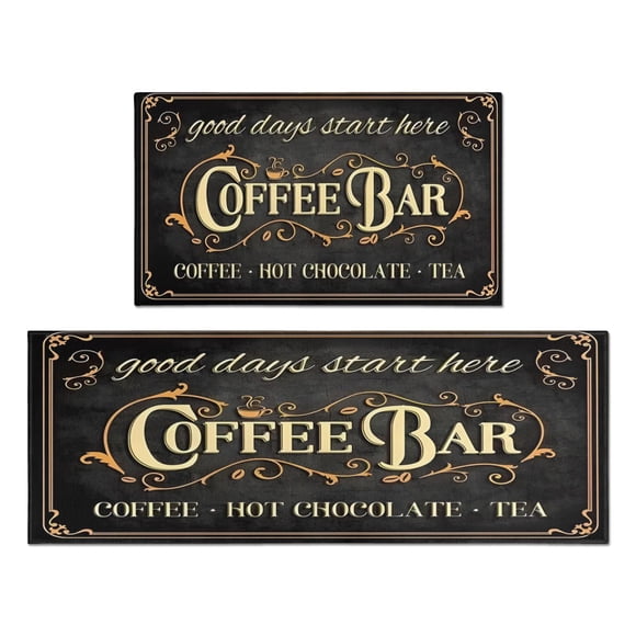 Coffee Black Vintage Pattern Kitchen Mat Set Of 2,Kitchen Rugs Mats with Dirty Resistance,washable,non Skid,kitchen Mats 17.7x24+17.7x48inch