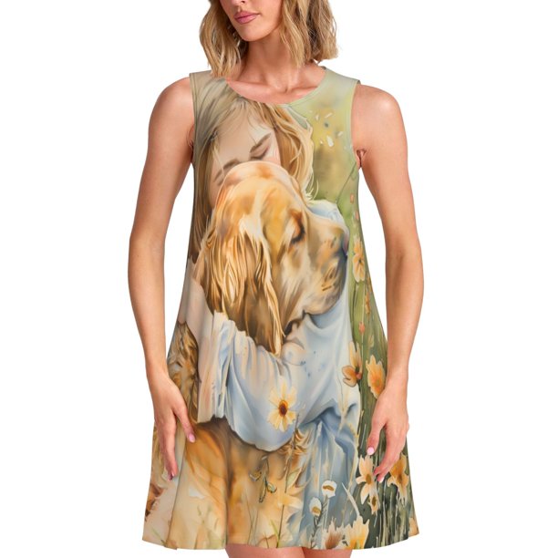 Easygdp Girl Hugging Dog Flowers para Vestido Transpirable de Mujer, Vestido Suelto de Manga Corta con Pliegues y Bolsillos para el Verano