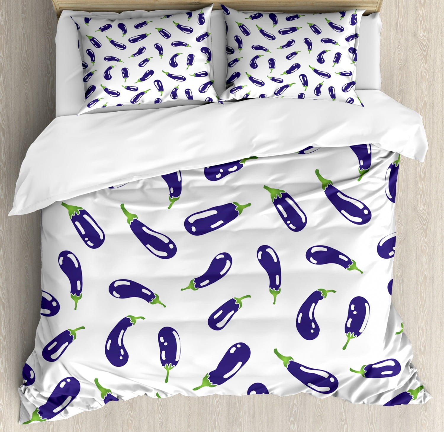 Eggplant Queen Size Duvet Cover Set, Fresh Eggplants on White Surface
