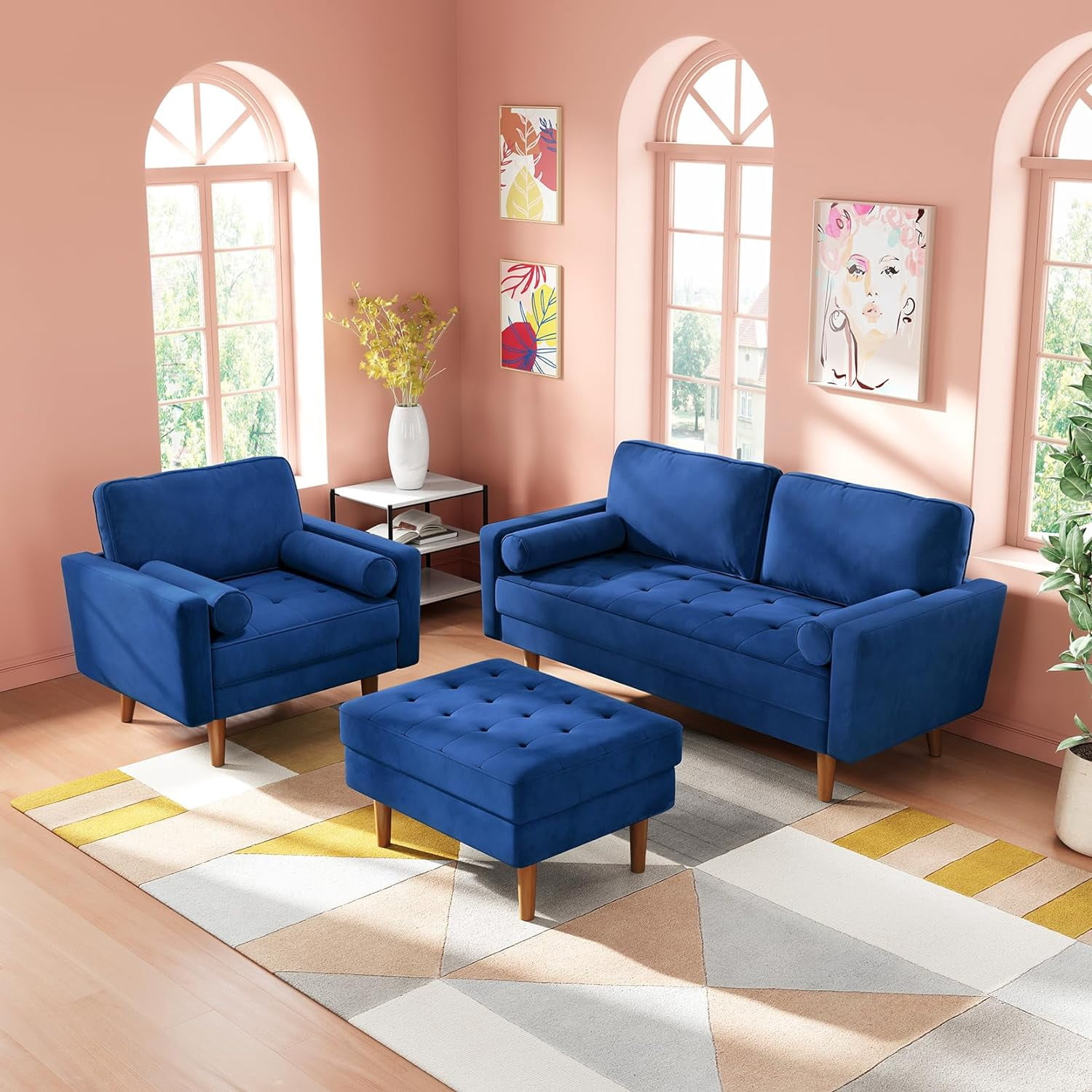 Neche 59" Velvet Spring Sofa Couch for Living Room, Office, Small Space, Solid Wood Leg, One Box,Blue