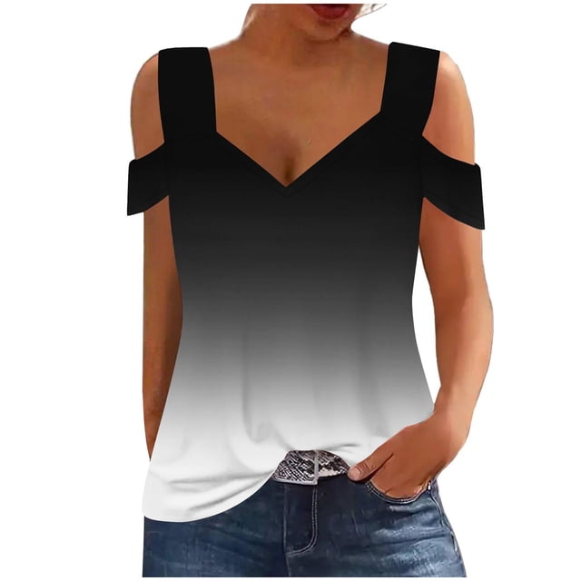 Plebaso Cold Shoulder Womens Gradient Tops V Neck Short Sleeve Blouses Loose Basic Tees Summer Casual Shirts
