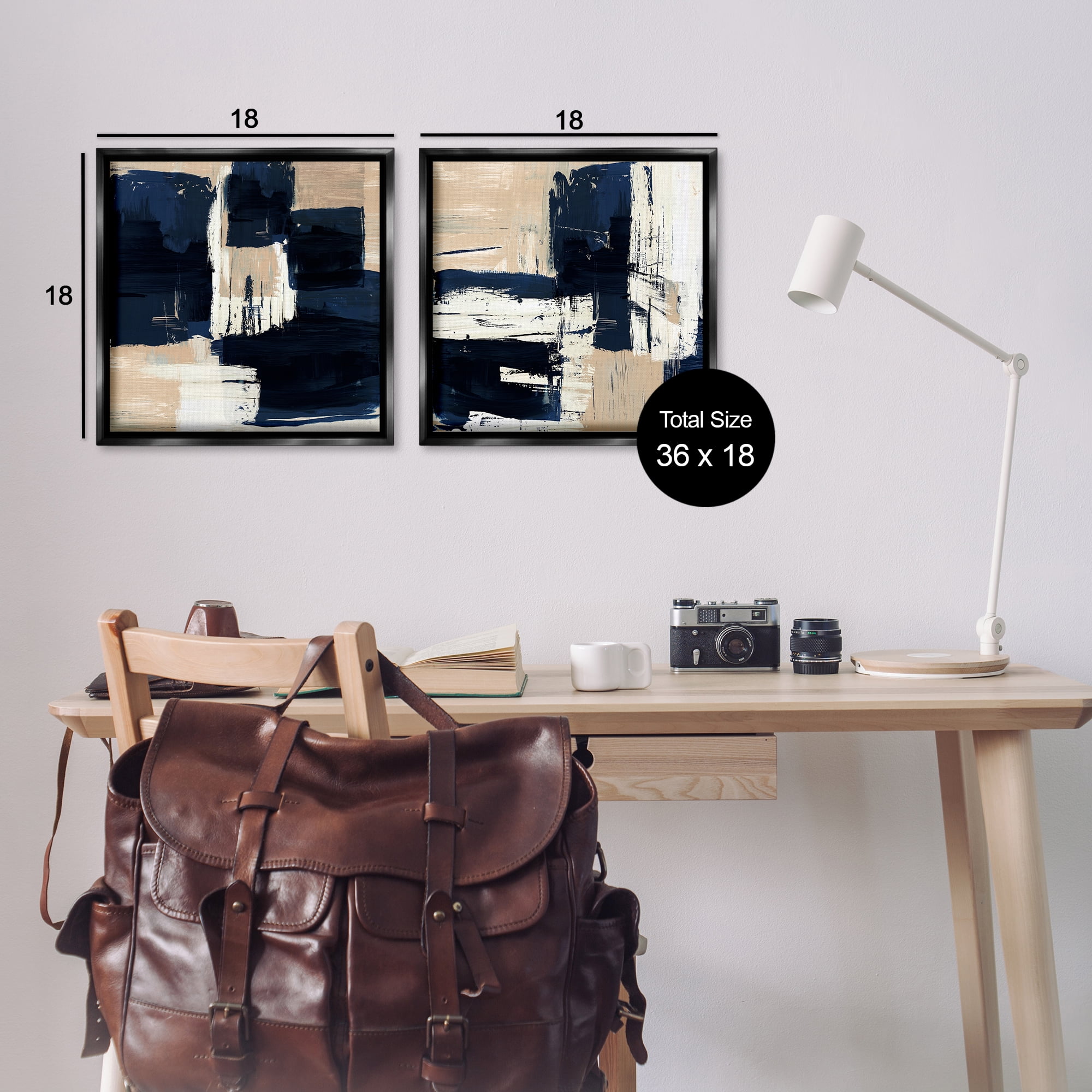 Stupell Industries Abstract Navy Neutral Abstract Painting Black Floater Framed Canvas Art Print Wall Art, 18 x 18, Set of 2