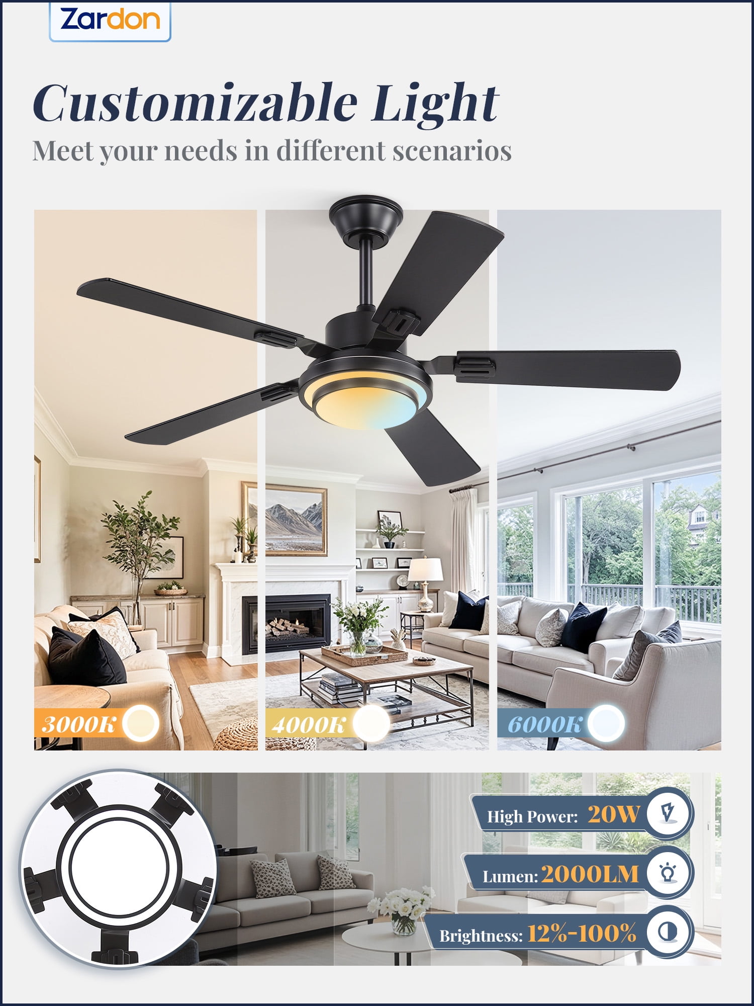 Zardon 48in Ceiling Fans with Light and Remote Control, Modern Low Profile Ceiling Fans with Reversible 6 Speeds for Intdoor, Outdoor, Black