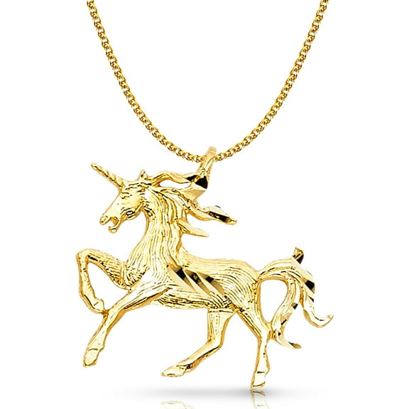 14K Yellow Gold Unicorn Charm Pendant with 1.7mm Flat Open Wheat Chain Necklace