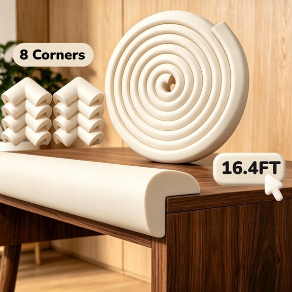 Baby Proofing Edge Corner Protector Baby (Large 16.4ft Edge 8 Corners),Furniture Safety Bumper Guard, Soft NBR Rubber Foam, Table Corner Protectors with Strong Adhesive, Off White