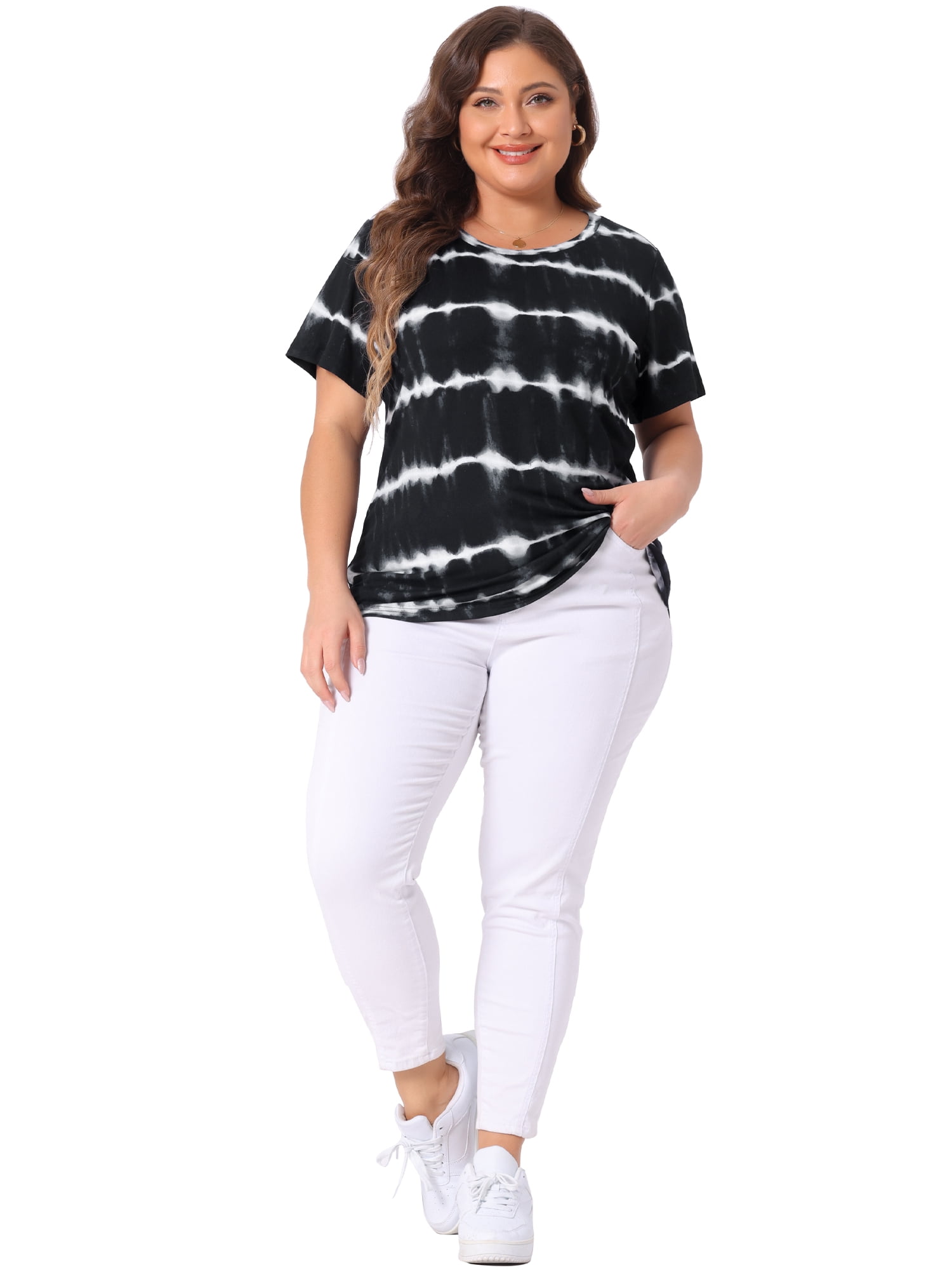 Unique Bargains Women's Plus Size Round Neck Short Sleeve Tie Dye Tops 4X Black