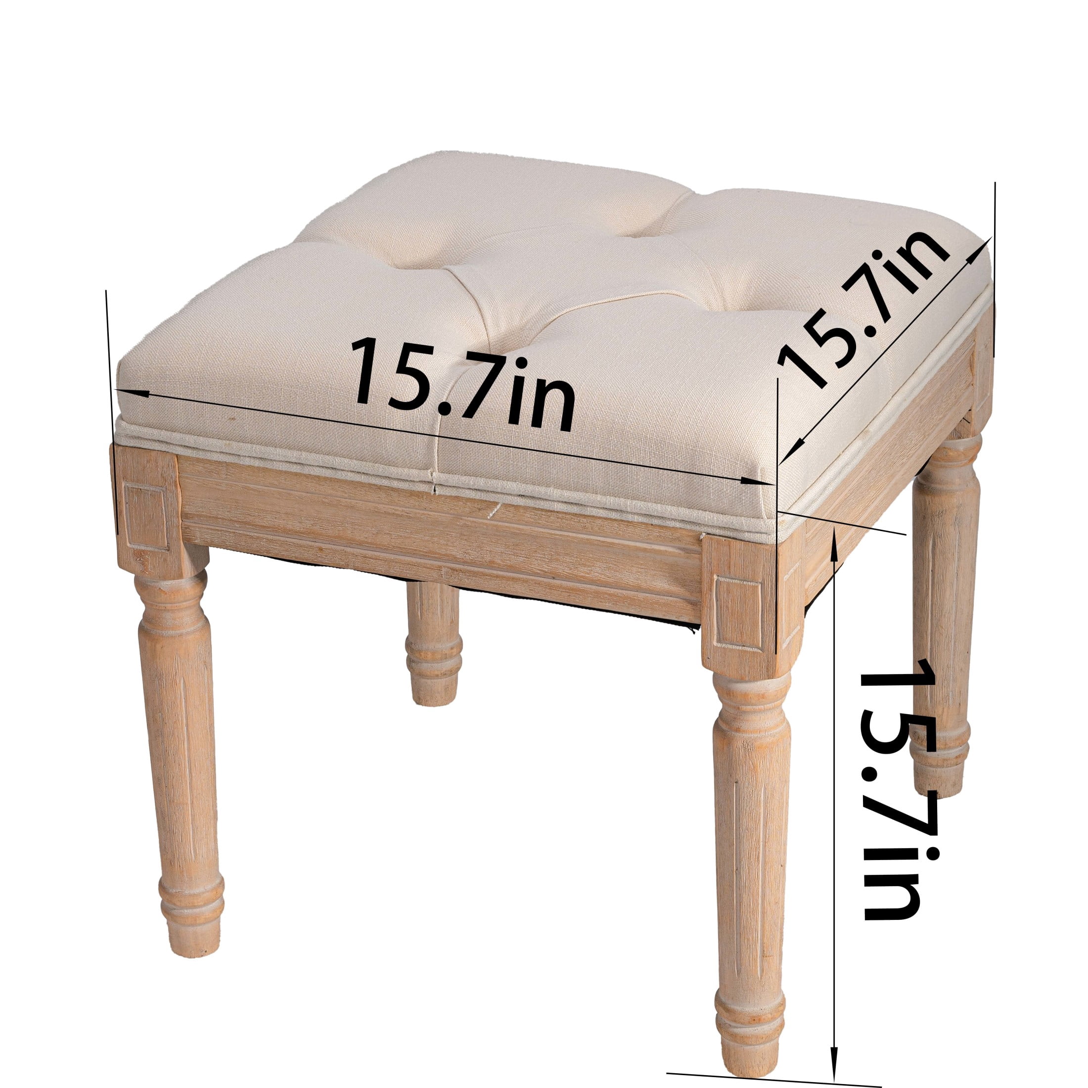 Noble House Edwin 16" Square Upholstered Ottoman Bench with Wood Legs, Rustic Vanity Stools for Bedroom, Beige