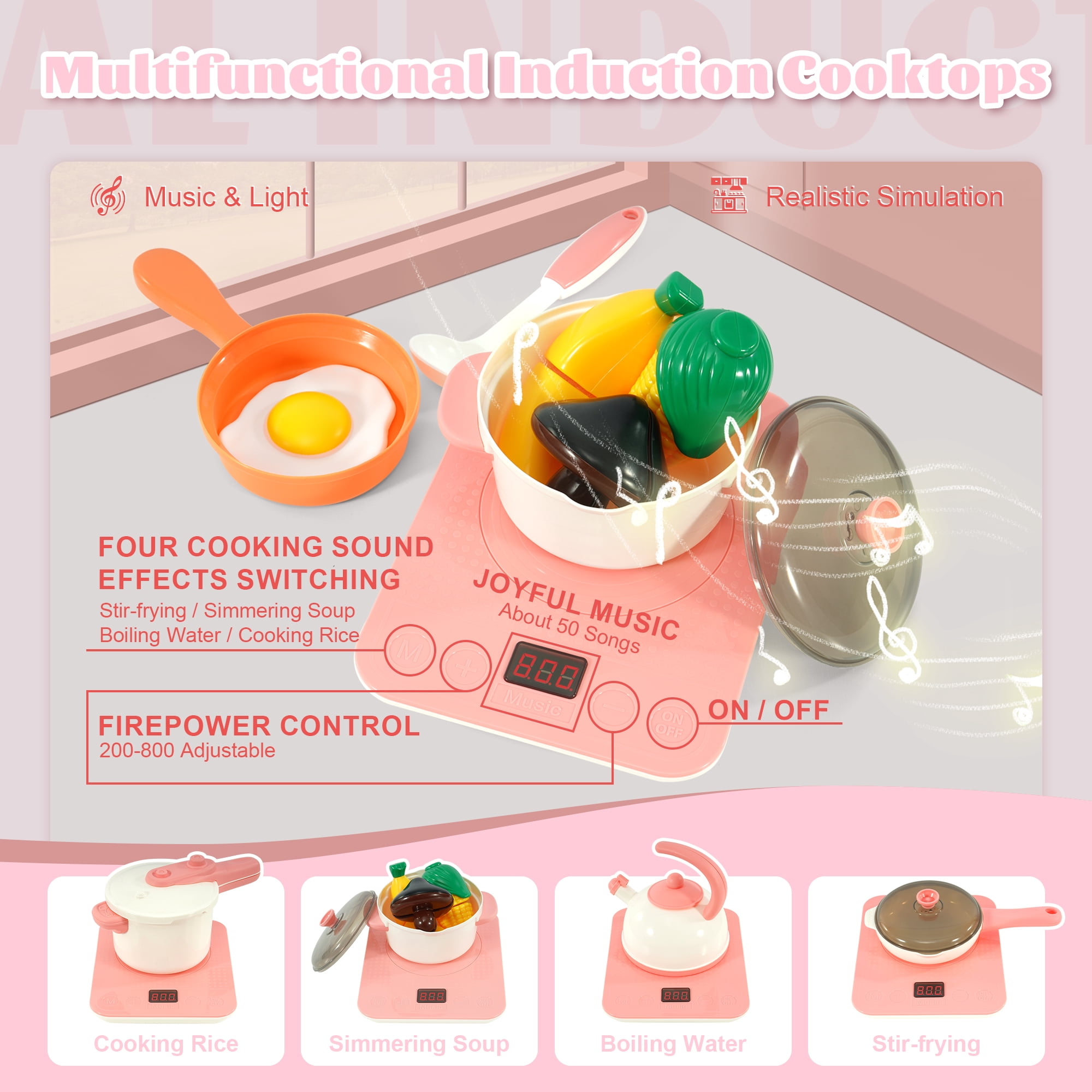 Signature Fitness 49-Piece Toddler Kitchen Playset，Pretend Food，with Stove, Sink, and Accessories, Interactive Lights & Sounds, Ideal for Ages 3+