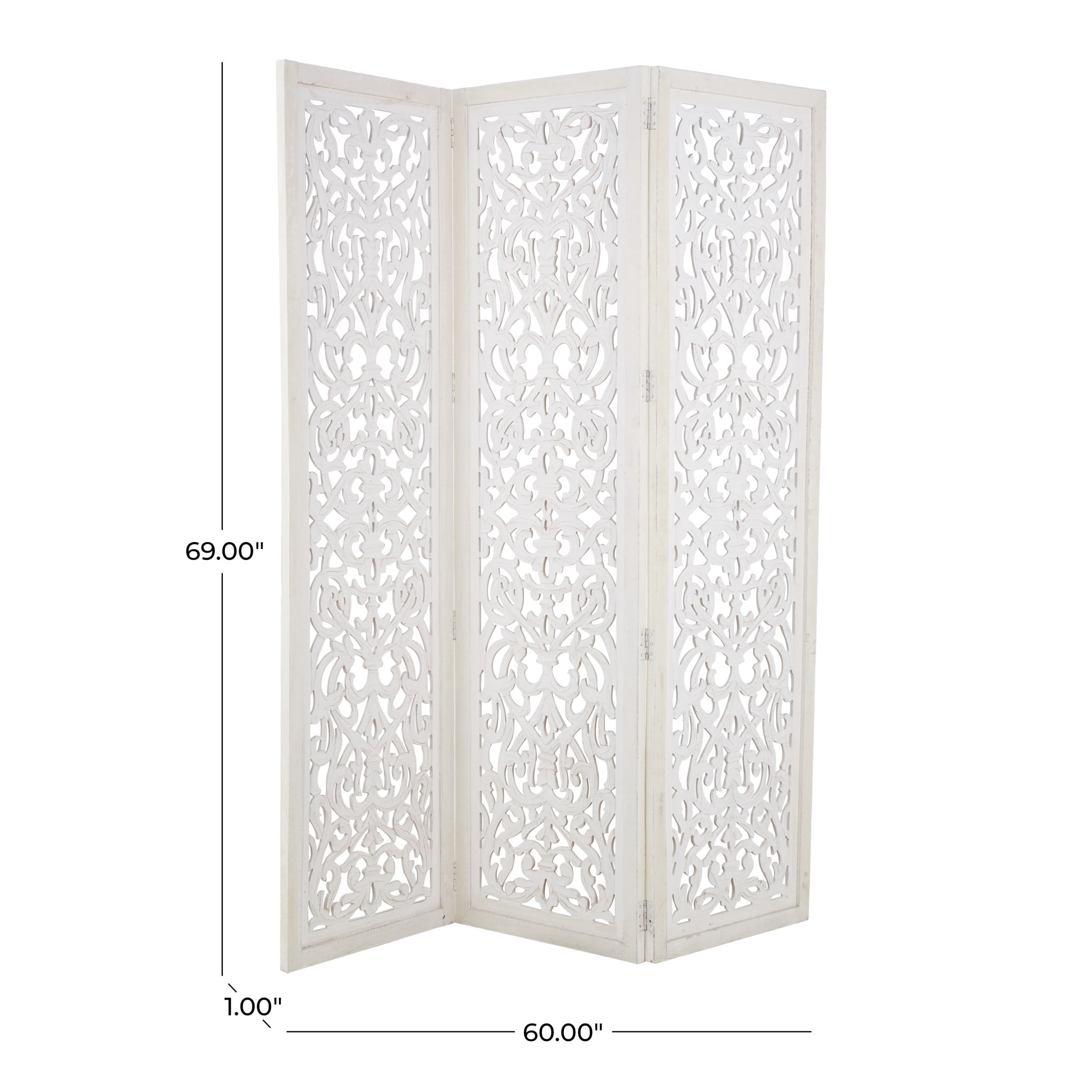 DecMode 60" x 69" White Wooden Floral Handmade Foldable Partition 3 Panel Room Divider Screen with Carved Design, 1-Piece