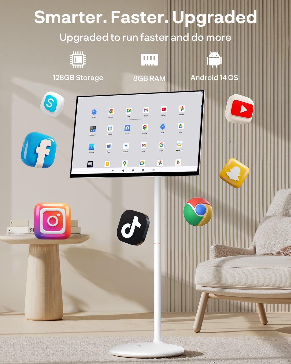 SYLVOX 27" Rolling TV with Camera, Large Tablet on Wheel, 1080p TouchScreen, 10000mAh Battery, Android 14, 8GB RAM+128GB, Voice Remote, Dual 10W Speakers, Full Swivel, White
