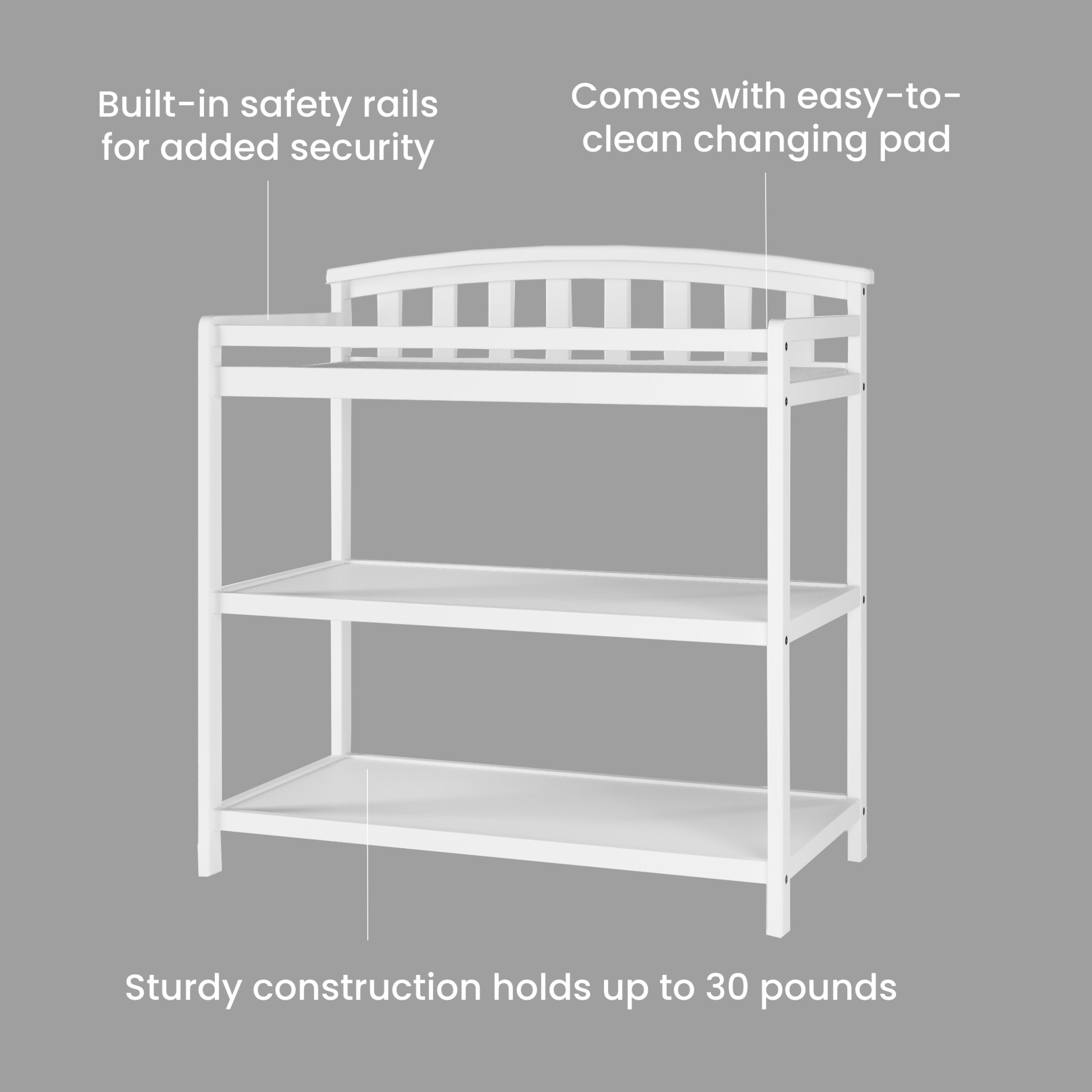 Child Craft Curve Top Changing Table with Pad & Strap, 2 Storage Shelves, Anti-Tip Kit, Matte White