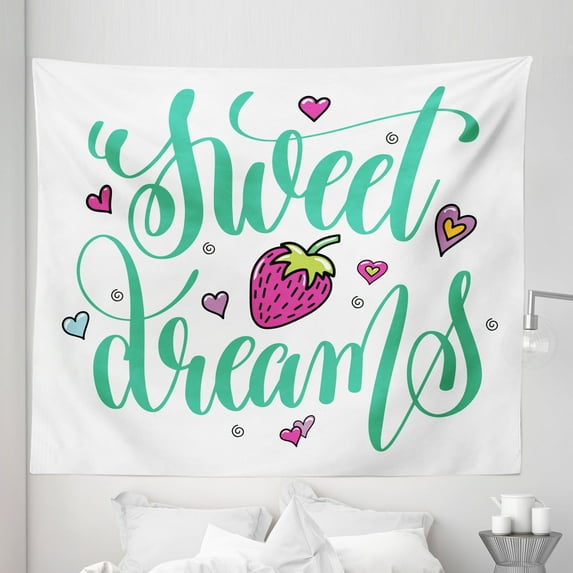 Saying Tapestry, Hearts with Strawberry Doodle Style Drawing Calligraphic Hand Drawn Words, Fabric Wall Hanging Decor for Bedroom Living Room Dorm, 5 Sizes, Multicolor, by Ambesonne