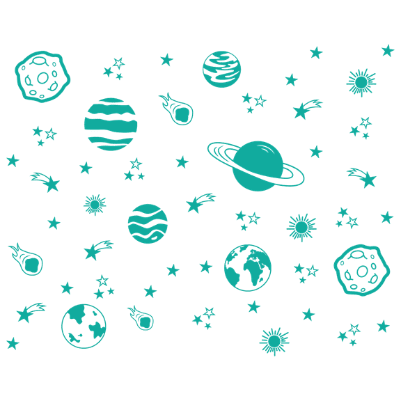 Blue Themed Planets Stars & Meteors Colorful Art Decoration Sticker 21" x 28" Outer Space Scene Design Easy To Apply Home Kids Bedroom Living Room Adhesive Wall Decal