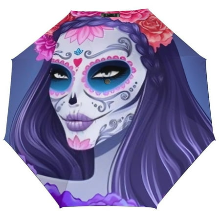 

ANYWAY.GO Windproof & Water-Resistant Compact Foldable Travel Umbrellatotes Day Dead Sugar Skull Woman Portable Travel Umbrella，Diameter 42.5 in