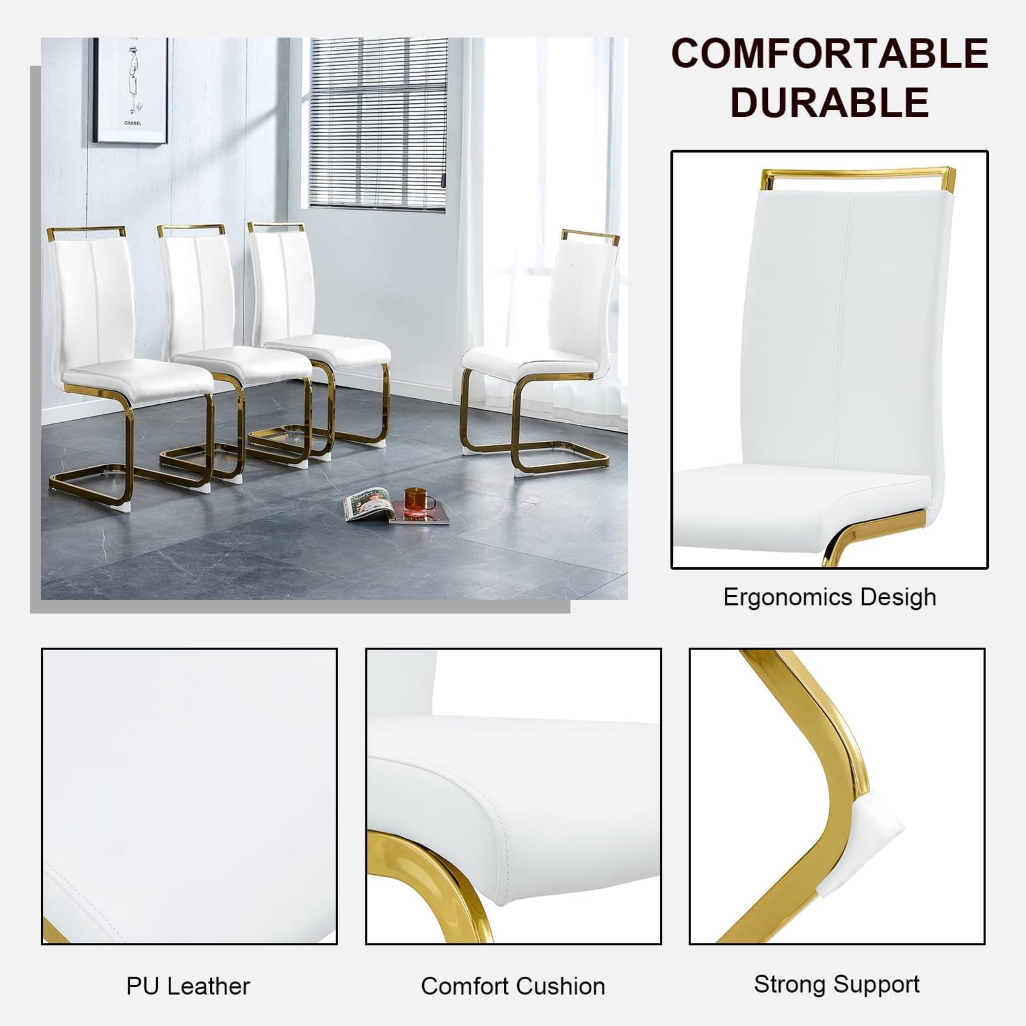 SUDICA Set of 4 Modern PU Leather Dining Chairs, White High Back Upholstered Seats with Gold C-Shaped Metal Legs for Dining Room or Kitchen