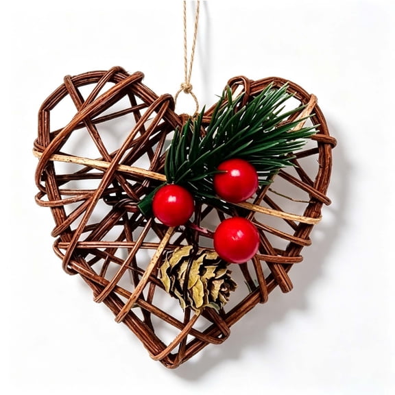 2026 Christmas Home Party Decoration Rattan Heart Christmas Ornament Woven Heart Hanging Decoration With Red Berries Xmas Tree Hanging Pendant For Wall Decor